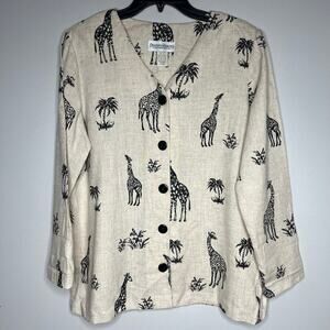 VTG Drapers & Damons Button Front Blouse Giraffe Blazer Top  Shoulder Pads Sz L